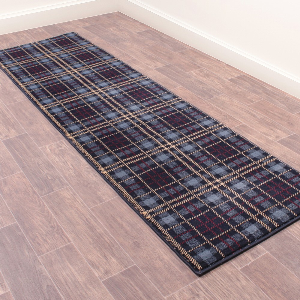 Tartan Check Modern Runner Rugs in Blue